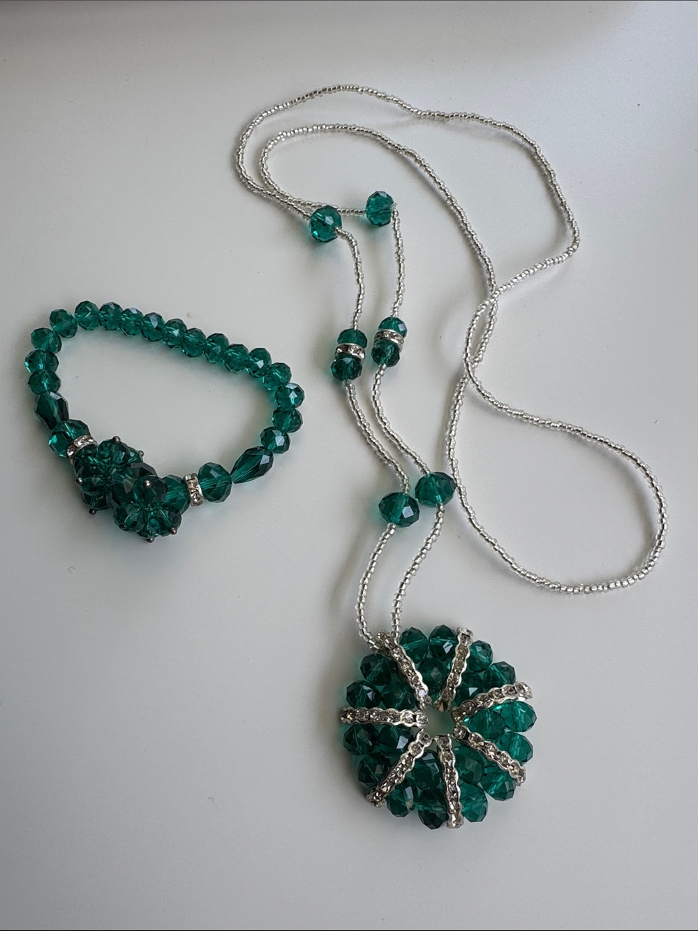Emerald Green Crystal Pendant Necklace and Bracelet Set